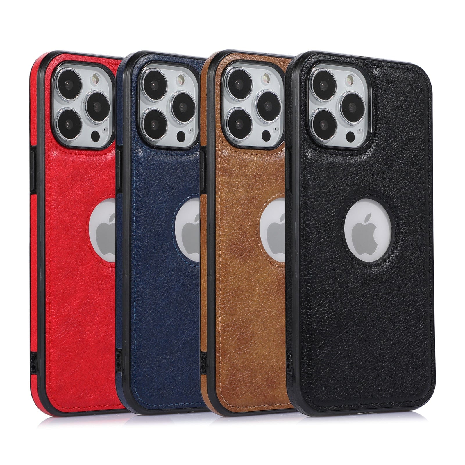 Four iPhone 16 Pro Max cases in red, blue, brown, and black are displayed in a row, each featuring a circular cutout highlighting the Apple logo and a textured surface. These 'iPhone 16 Pro Max Case - Premium Synthetic Leather, Shockproof, Anti-Fingerprint Protective Cover' cases offer both style and protection.