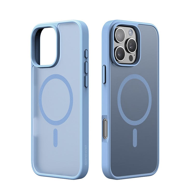 Two matte-finish, MagSafe-compatible iPhone 16 Pro Max cases in blue are displayed back-to-back. The left case is empty, showcasing its anti-fingerprint, shockproof PC backplate, while the right case holds a phone, revealing the camera and back design.