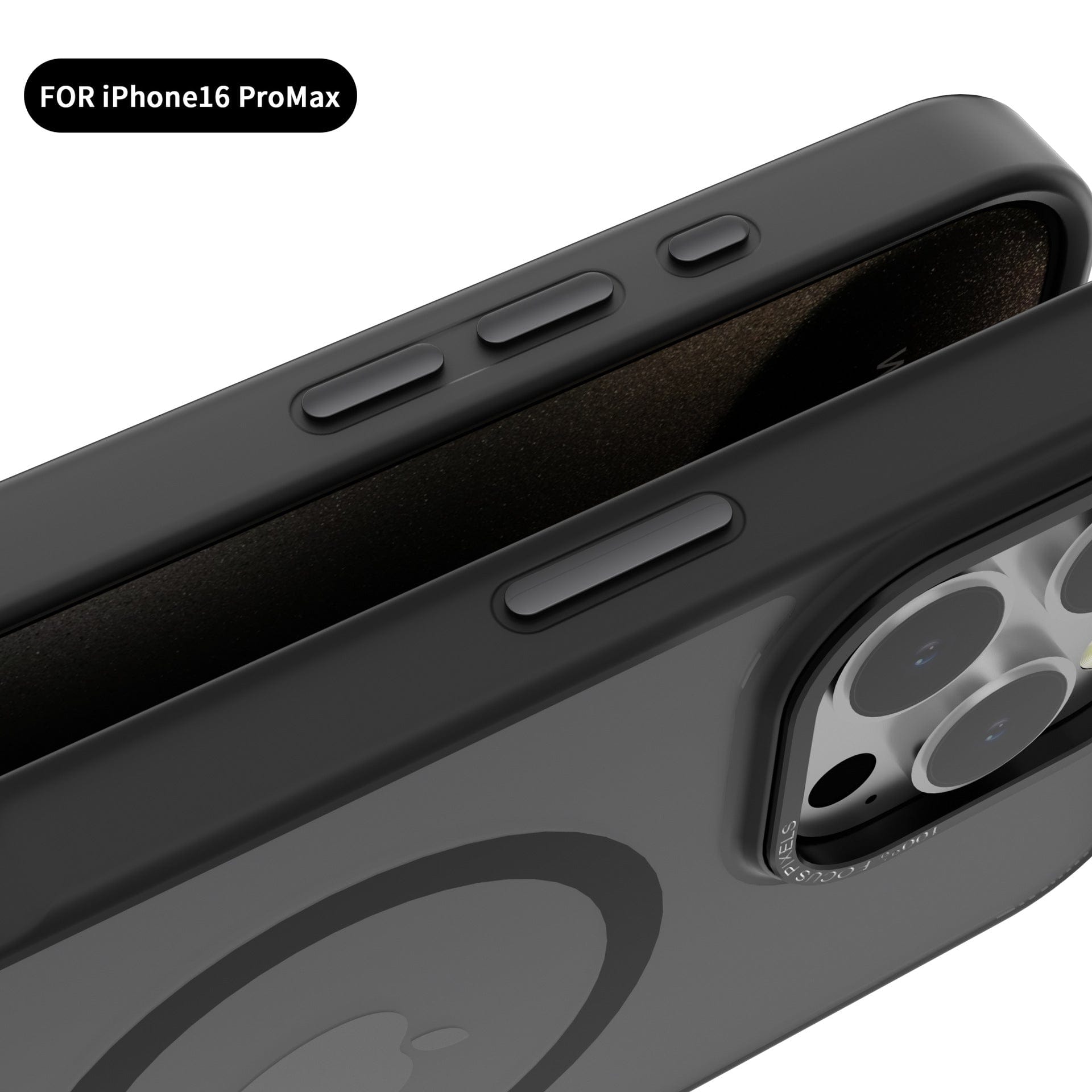 Close-up image of the MagSafe iPhone 16 Pro Max case in sleek black, highlighting the precision of the side buttons and the metal camera frame. This case features a soft-touch finish, durable TPU+PC material, and an anti-slip design.