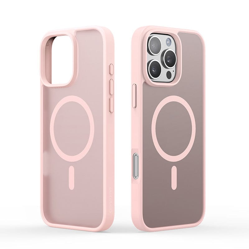 Two iPhone 16 Pro Max cases in matte pink and transparent finish are displayed. One case shows the back featuring a camera cutout and MagSafe ring, while the other reveals the inside with the same MagSafe ring. These cases are anti-fingerprint and have a shockproof PC backplate for added protection.