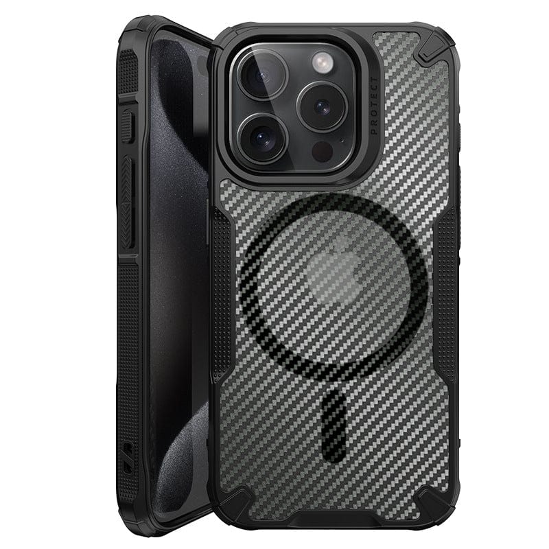 Introducing the Lightweight MagSafe iPhone 16 Pro Max Case, crafted from durable TPU+PC material for unmatched shockproof protection. This rugged black case showcases a sleek carbon fiber design with a circular magnetic charging symbol on the back. It accommodates three cameras and a flash in the top left corner for seamless use.