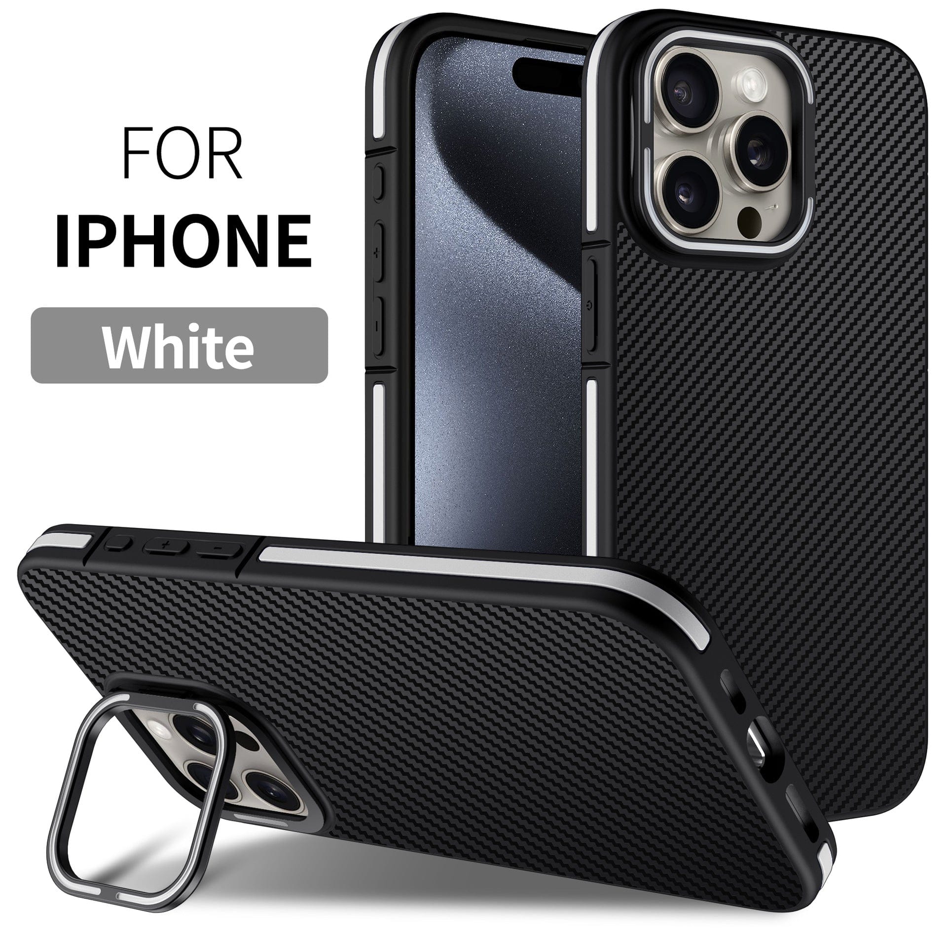 iPhone 16 Pro Max Carbon Fiber Texture Case - Shockproof with Metal Kickstand, MagSafe Compatible. One vertically positioned phone shows the camera, while another lays flat with the kickstand extended. Text on the left side reads "FOR IPHONE White.