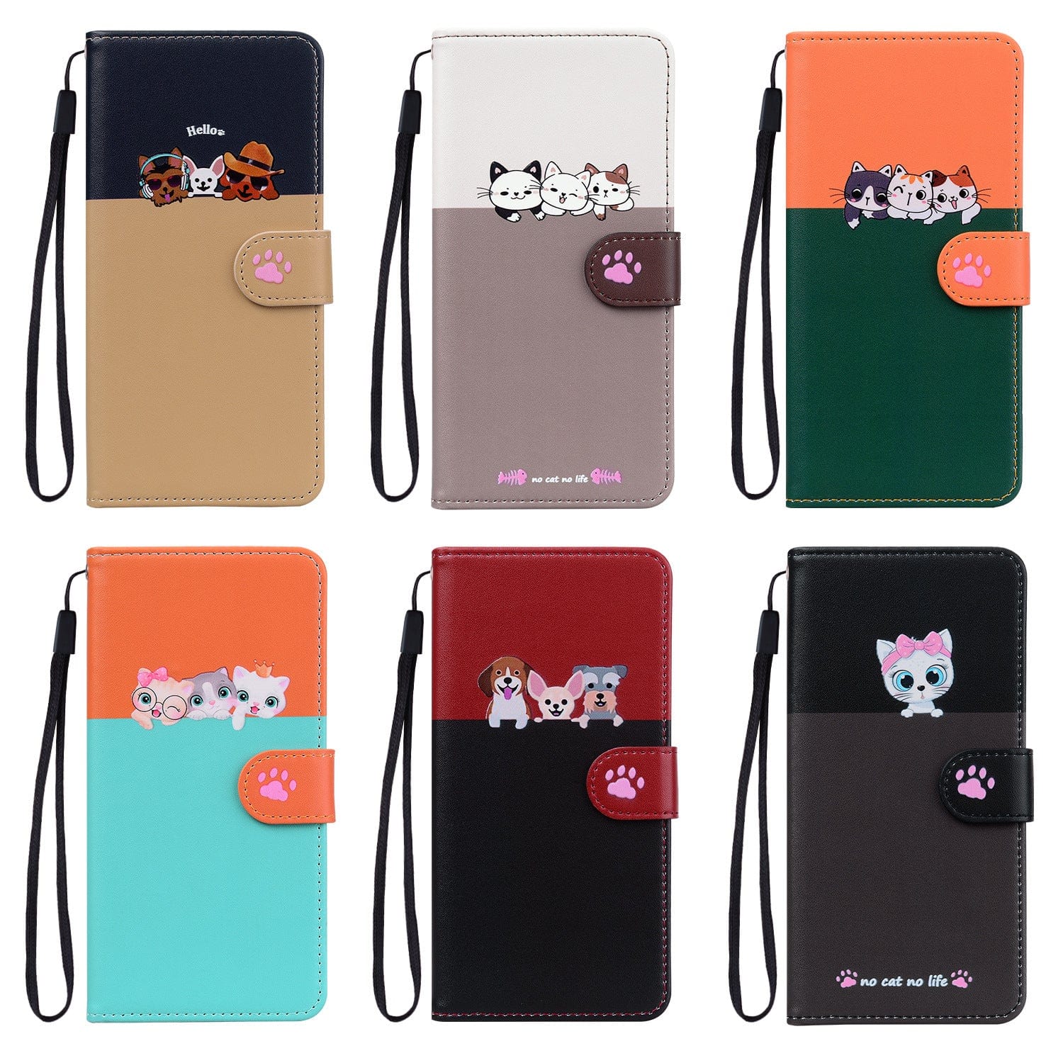 A display of six different Cute Cartoon iPhone 16 Pro Max Wallet Cases, available in various colors and cat designs, each featuring a wrist strap and a paw print clasp for added convenience. These shockproof flip covers include a stand, drop protection, and card slots.