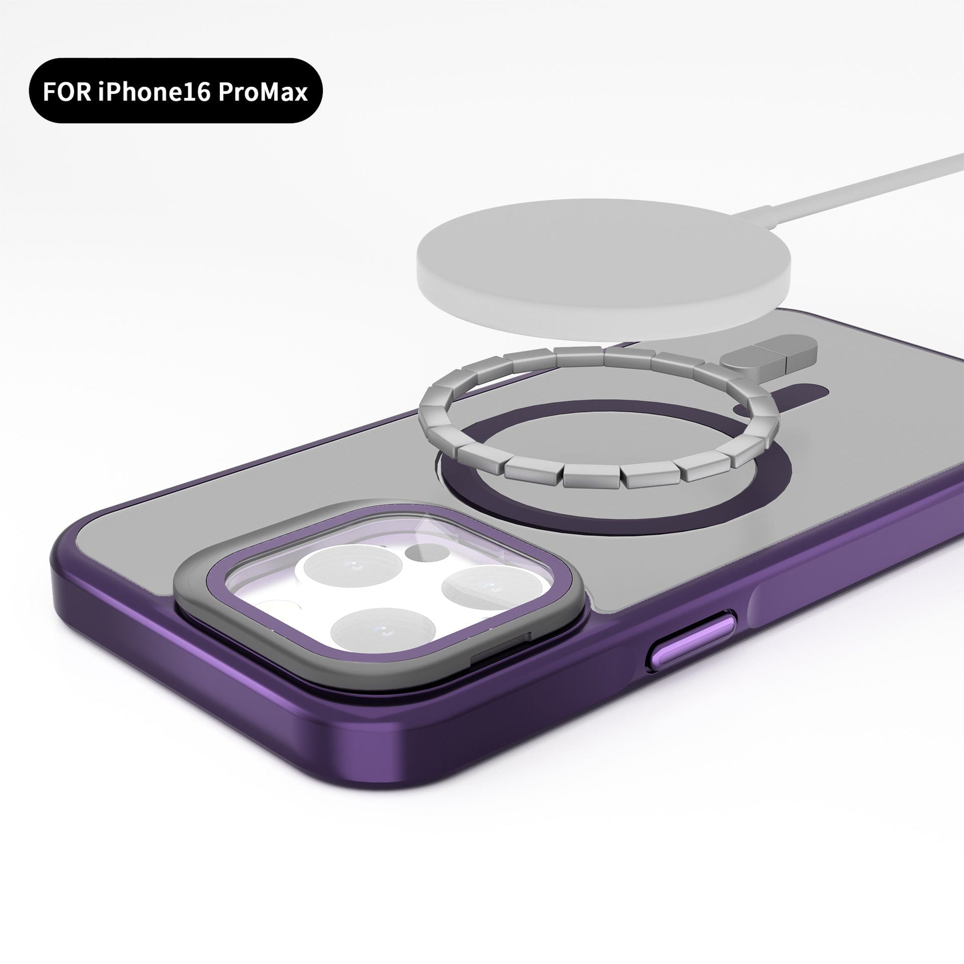 A Silky Touch iPhone 16 Pro Max Case with Ring Holder, MagSafe compatibility, TPU buttons, and a soft-touch finish is shown in purple, featuring an attached camera cover and charging pad accessory.