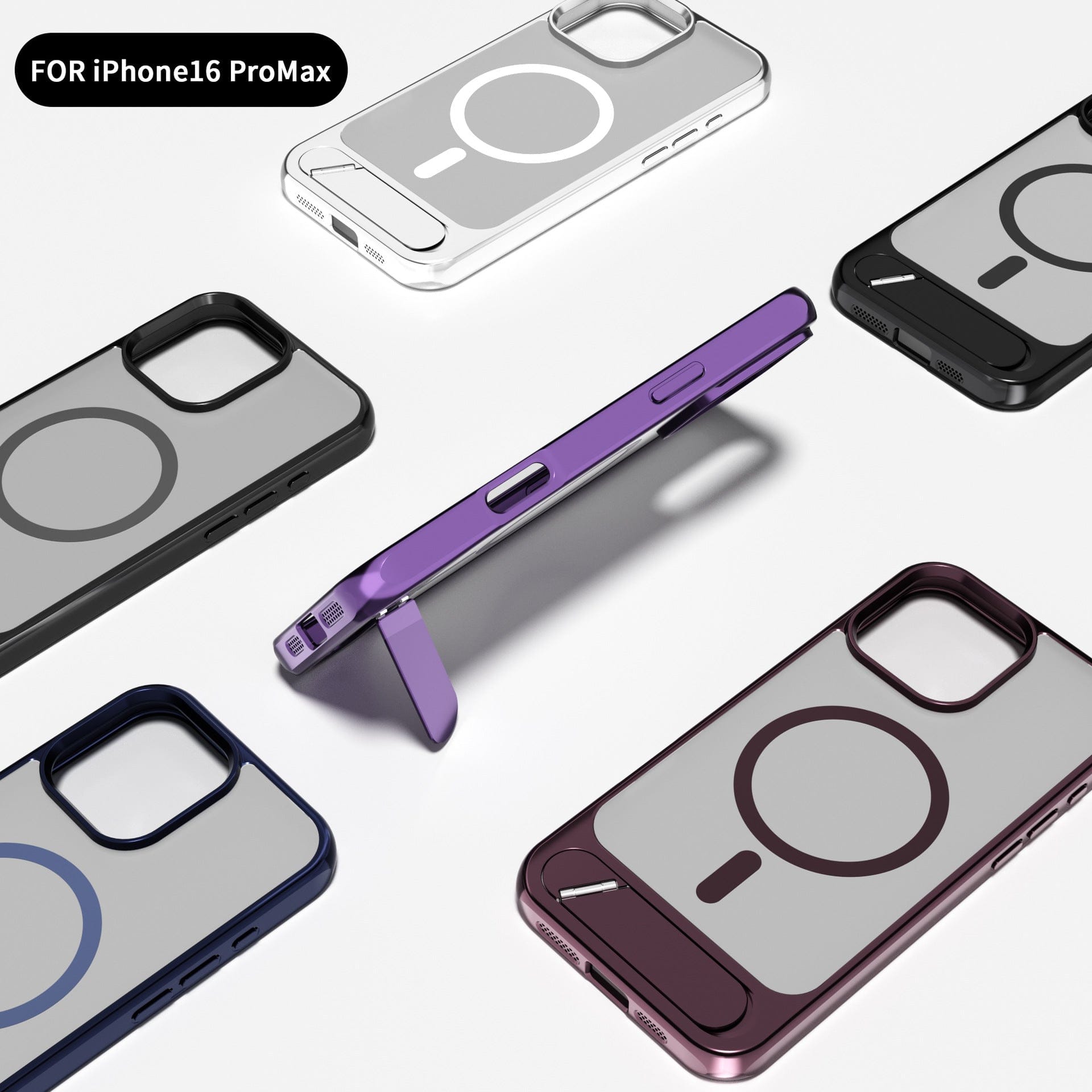 A range of MagSafe Compatible iPhone 16 Pro Max Cases with Kickstand are showcased in various colors, emphasizing their slim and protective design. One featured case includes a built-in kickstand feature.