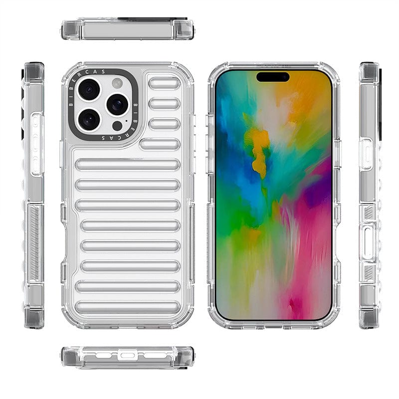 Clear phone case with a ridged back, showcased from multiple angles. The iPhone 16 Pro Max Clear Air Cushion Case | Shockproof TPU & PC Hybrid Cover | Wireless Charging Compatible features dual-layer hybrid protection. The phone screen displays a colorful abstract design.