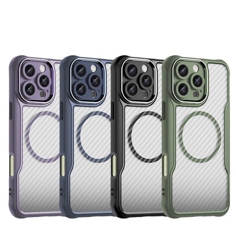 Four iPhone 16 Pro Max cases in semi-transparent carbon fiber + PC material, featuring MagSafe compatibility, shockproof airbag corners, and a matte finish, are arranged in a row with designs in purple, blue, black, and green colors.