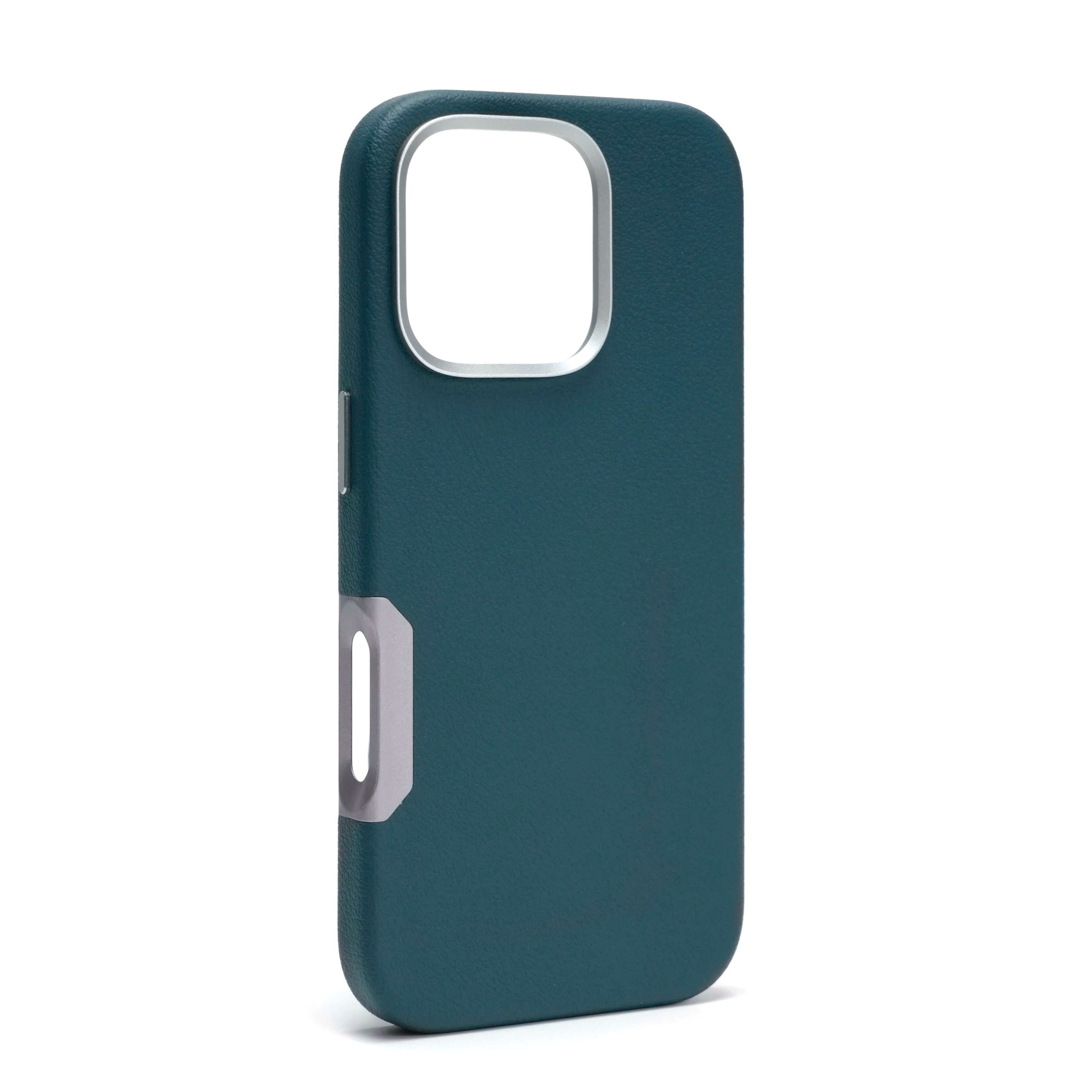 This iPhone 16 Pro Max leather case boasts a raised camera frame, MagSafe compatibility, and a sleek gray accent at the bottom side. Crafted with durable electroplated aluminum alloy buttons, it offers both style and protection.