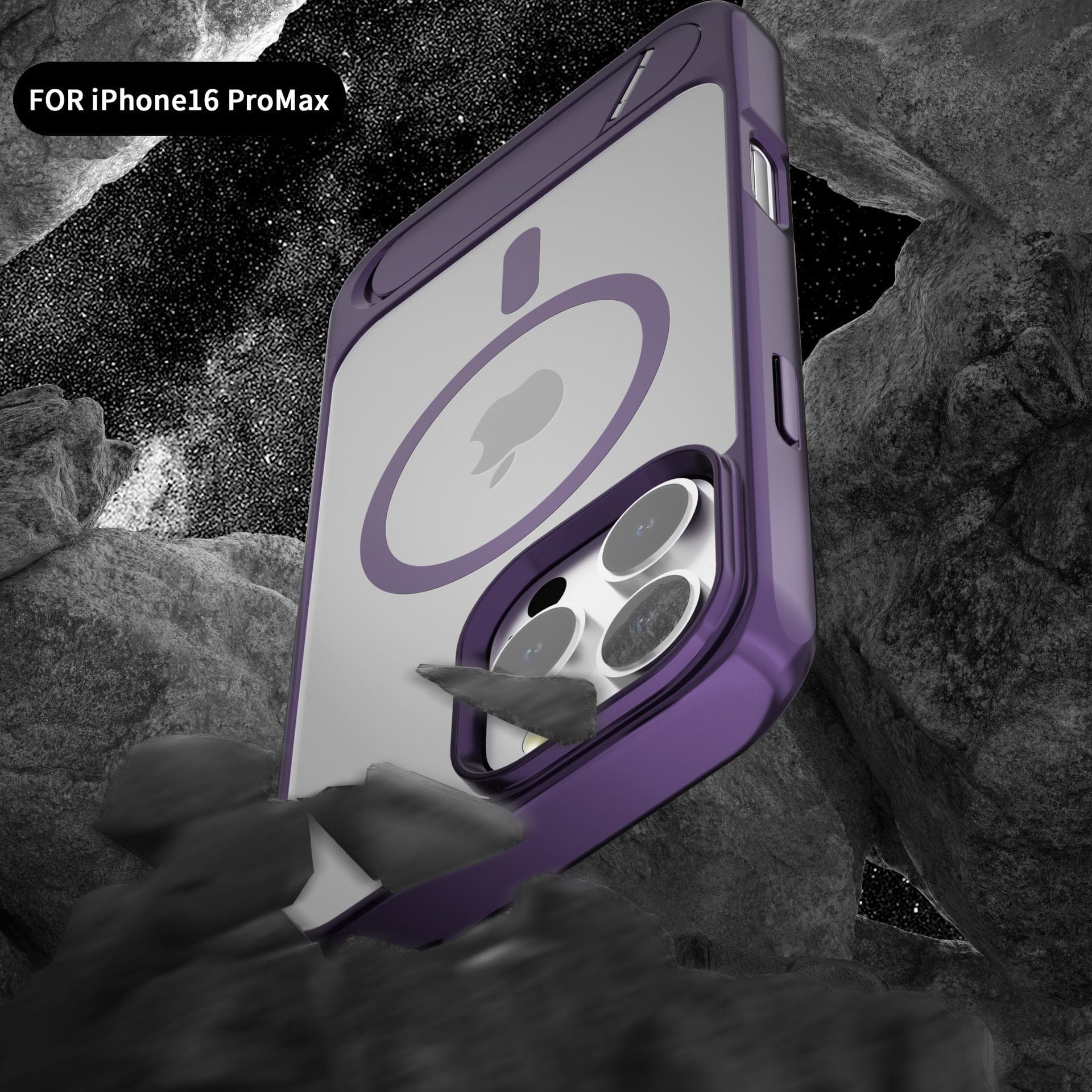 Close-up of a MagSafe Compatible iPhone 16 Pro Max Case with Kickstand in purple, featuring protective corners and camera cut-outs, set against a rocky background with a starry sky.