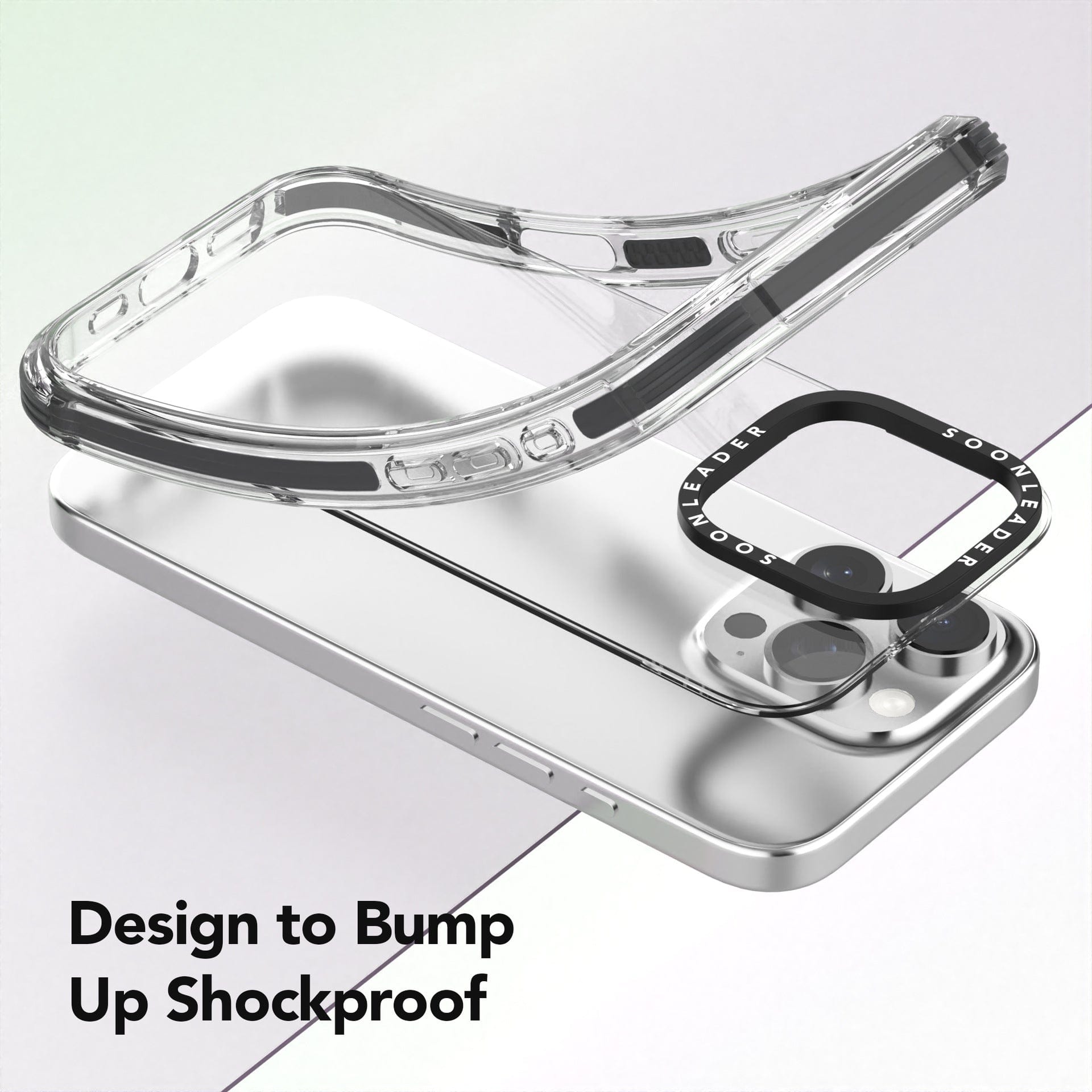 iPhone 16 Pro Max Clear MagSafe Case with Anti-Yellowing and Military-Grade Drop Protection, along with a camera lens protector, shown separately above a smartphone. The design is highlighted for its enhanced shockproof capabilities. Text reads, "Design to Bump Up Shockproof.