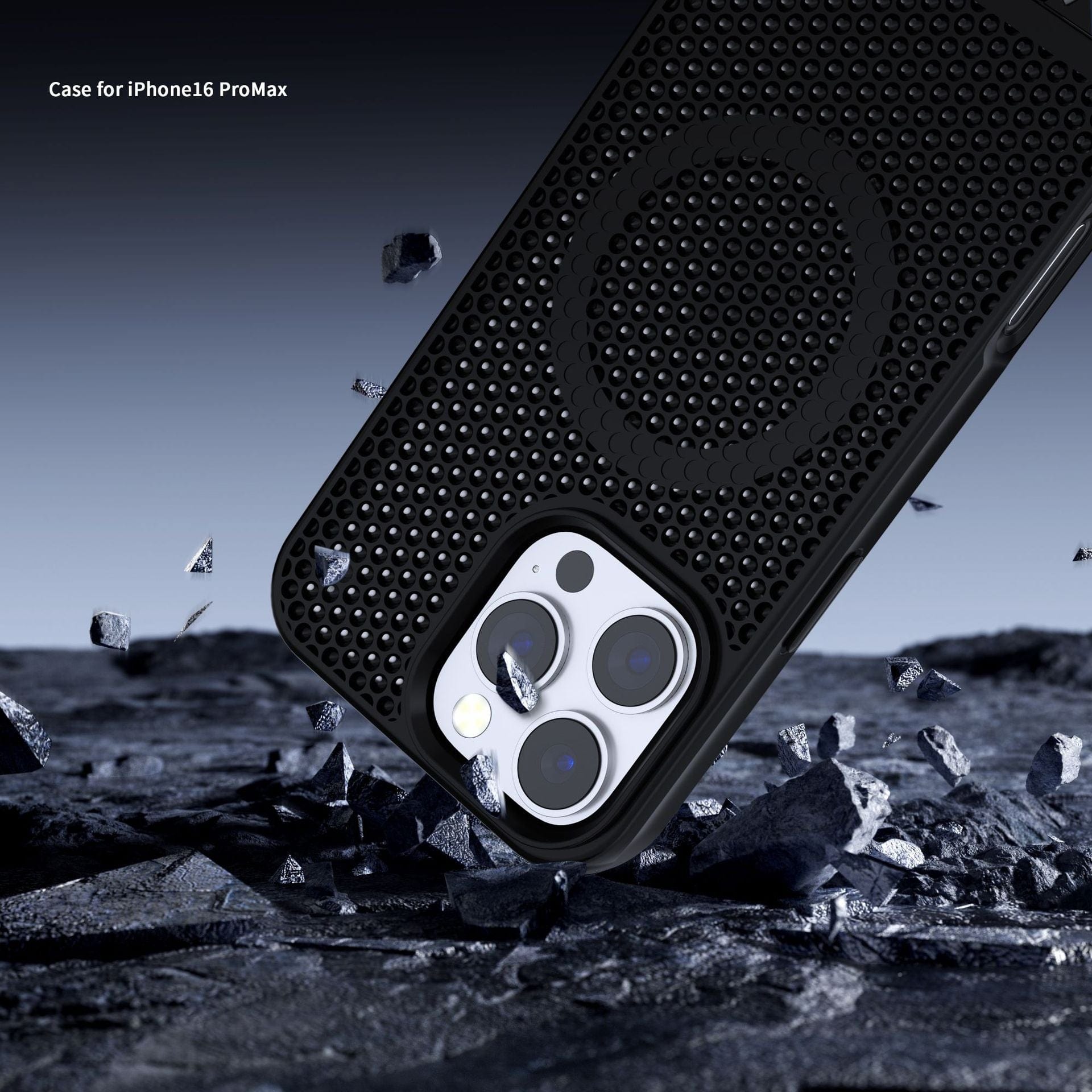 A rugged iPhone 16 Pro Max Case with a kickstand, featuring a textured black back and a MagSafe circle, showcased amidst floating debris against a dark, rocky background.