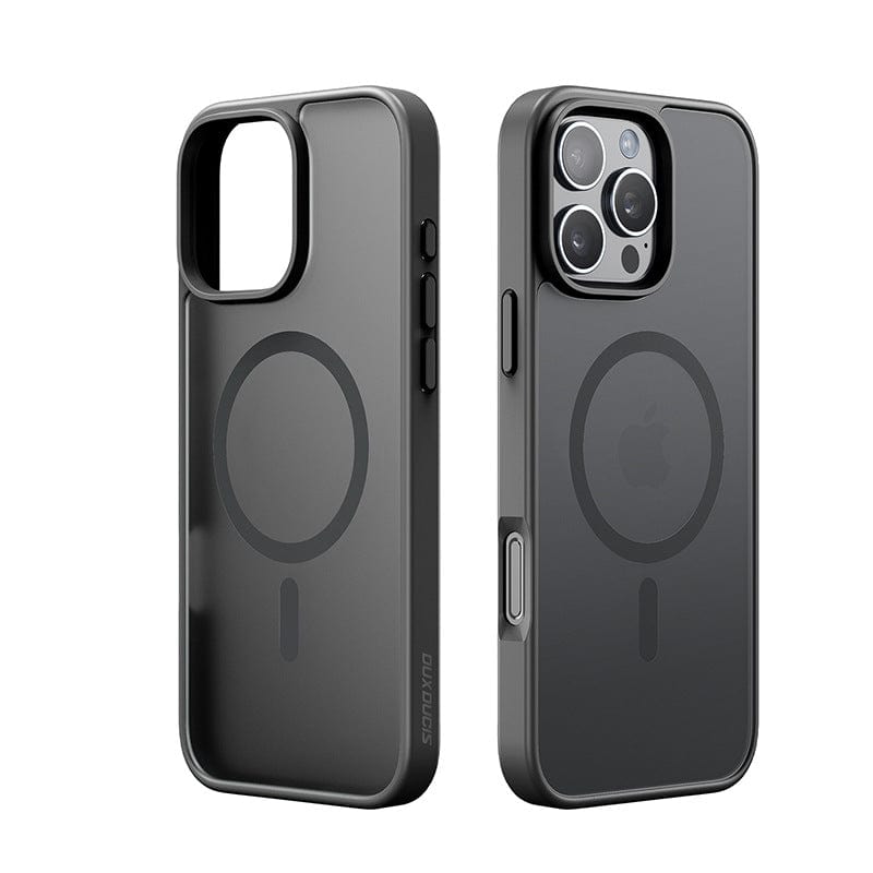 A sleek black iPhone 16 Pro Max case with a circular design, designed to perfectly match the black smartphone featuring a similar pattern on the back. The phone is equipped with three rear cameras. This matte finish, MagSafe compatible case has an anti-fingerprint and shockproof PC backplate.