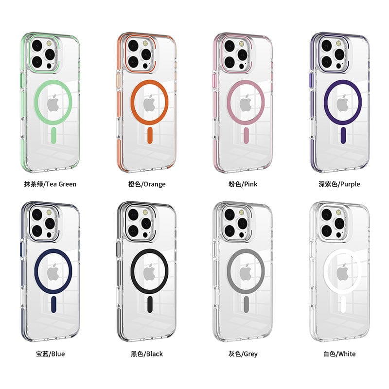 Image of eight Clear MagSafe iPhone 16 Pro Max Cases with Acrylic Frame Stands, arranged in two rows. The cases feature transparent designs with colored rings and edges in Tea Green, Orange, Pink, Purple, Blue, Black, Grey, and White. Each vibrant case not only adds a unique flair but also provides robust protection with its TPU & acrylic material and camera protection features.