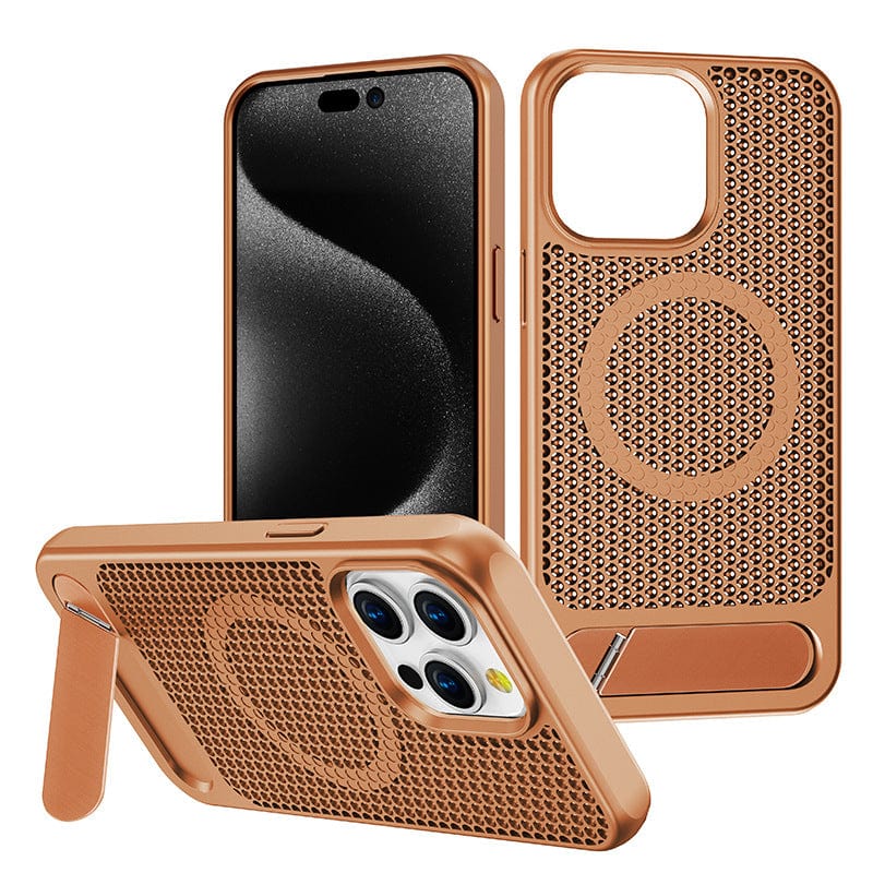 Three views of the "iPhone 16 Pro Max Case with Kickstand" are shown. This golden case is designed with a camera cutout and a kickstand, featuring a honeycomb heat dissipation pattern and a MagSafe ring. Made from TPU+PC hybrid material, it also includes metal buttons for enhanced functionality.