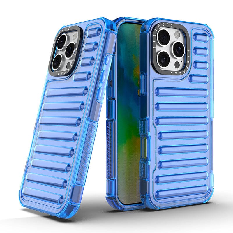 Two iPhone 16 Pro Max smartphones in blue, ribbed protective cases are shown, featuring a clear Air Cushion case for dual-layer hybrid protection. One stands upright displaying the rear camera, while the other leans slightly to reveal part of the screen, ensuring it's wireless charging compatible with shockproof TPU and PC hybrid cover for extra durability.