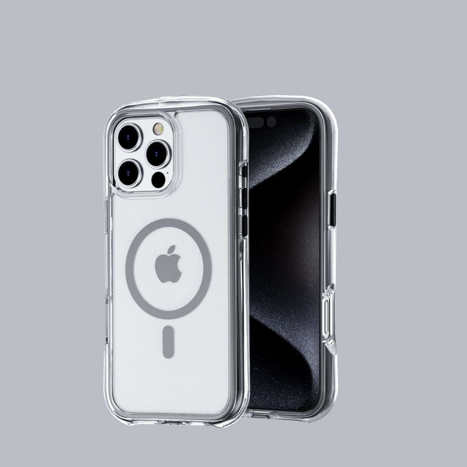 Two smartphones in transparent cases, one displaying its rear with the Apple logo and a circular design, showcasing the iPhone 16 Pro Max Air Cushion MagSafe Case's compatibility. The other phone shows a black screen against a gray background, highlighting the 360° shockproof features of this clear protective cover.