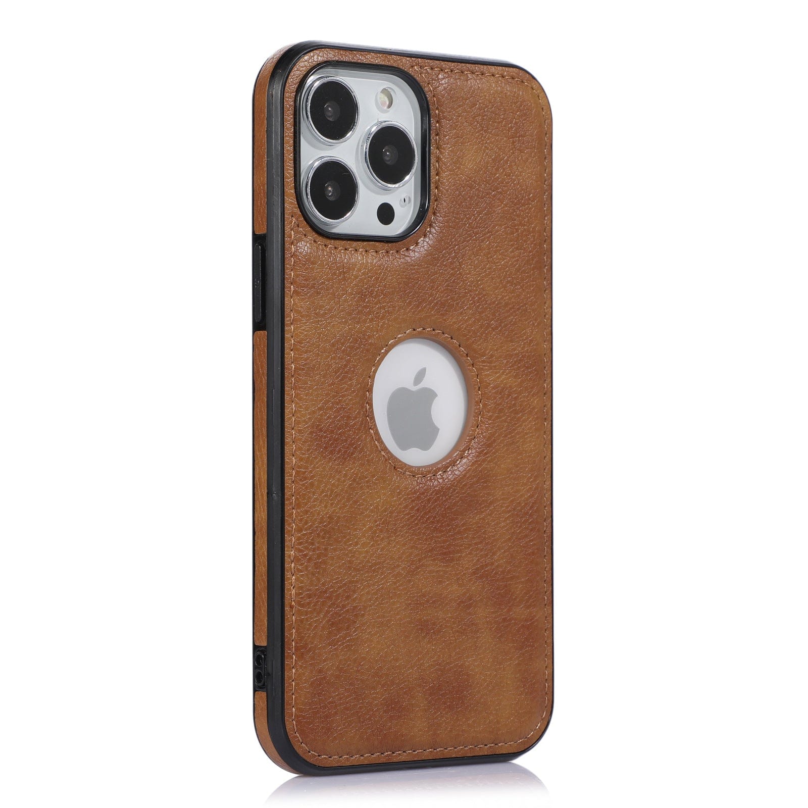 A sleek iPhone 16 Pro Max Case in premium brown synthetic leather, featuring a cutout to highlight the Apple logo. The case offers a shockproof, anti-fingerprint protective bumper around the edges for added security.