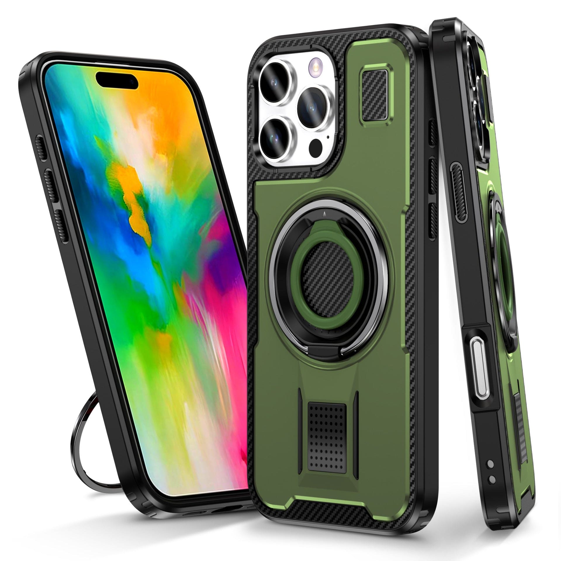 Two smartphones with rugged green, heavy-duty cases that feature protective bumpers and kickstands. One phone's screen displays a colorful abstract image, highlighting the sturdy design of the Heavy-Duty iPhone 16 Pro Max Case with 360° Rotating Ring Holder and Carbon Fiber Accents.