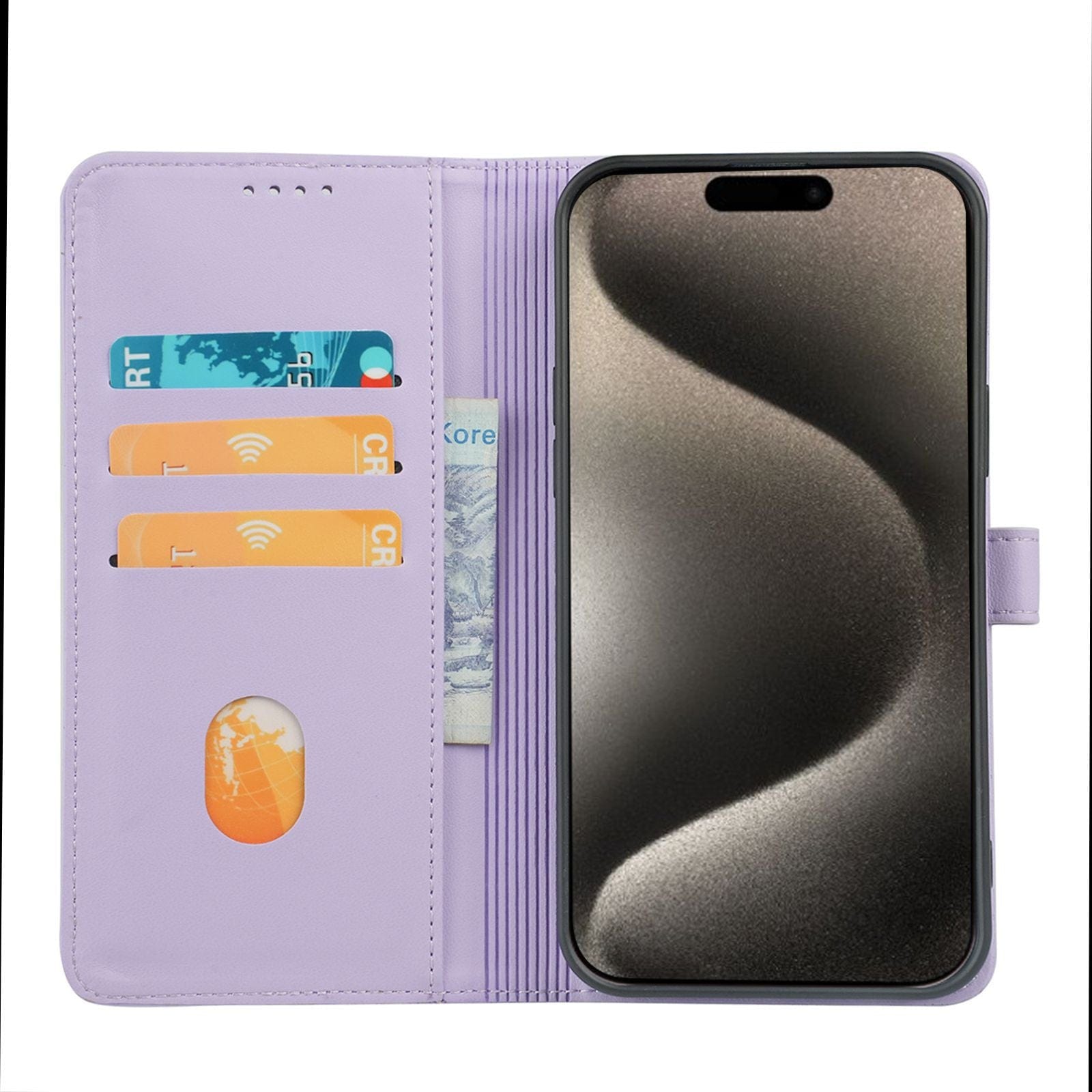 A smartphone in a purple iPhone 16 Pro Max Wallet Case with synthetic leather, magnetic closure, and shockproof stand cover, containing three credit cards and cash inside the card slots and compartment.