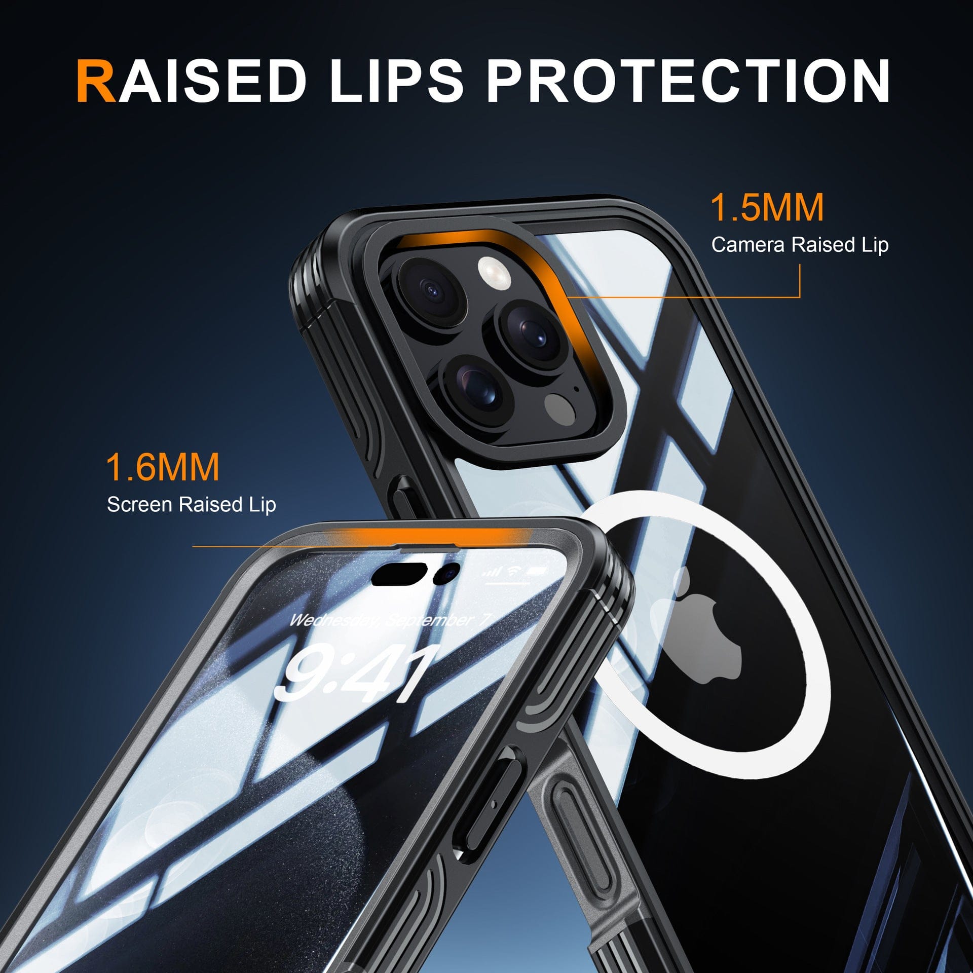 The Magnetic Clear iPhone 16 Pro Max Case with 9H Tempered Glass Screen Protector, MagSafe Compatible, and Shockproof Military-Grade Protective Cover features raised protection lips of 1.5mm around the camera and 1.6mm around the screen, enhancing device protection and ensuring continued magnetic compatibility.