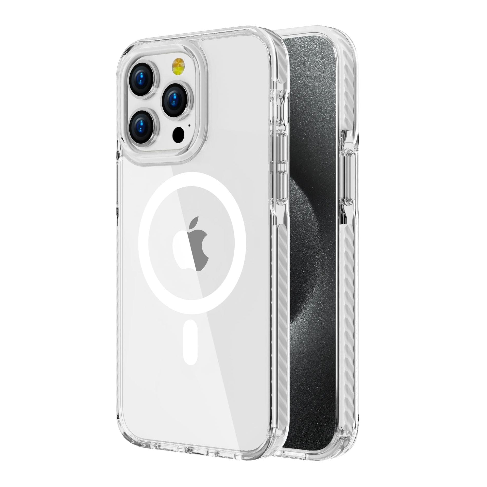 A clear iPhone 16 Pro Max case, featuring an acrylic backplate with a white circular design and a grey Apple logo, is highly compatible with the new model. The shockproof TPU frame adds extra durability and supports MagSafe compatibility.