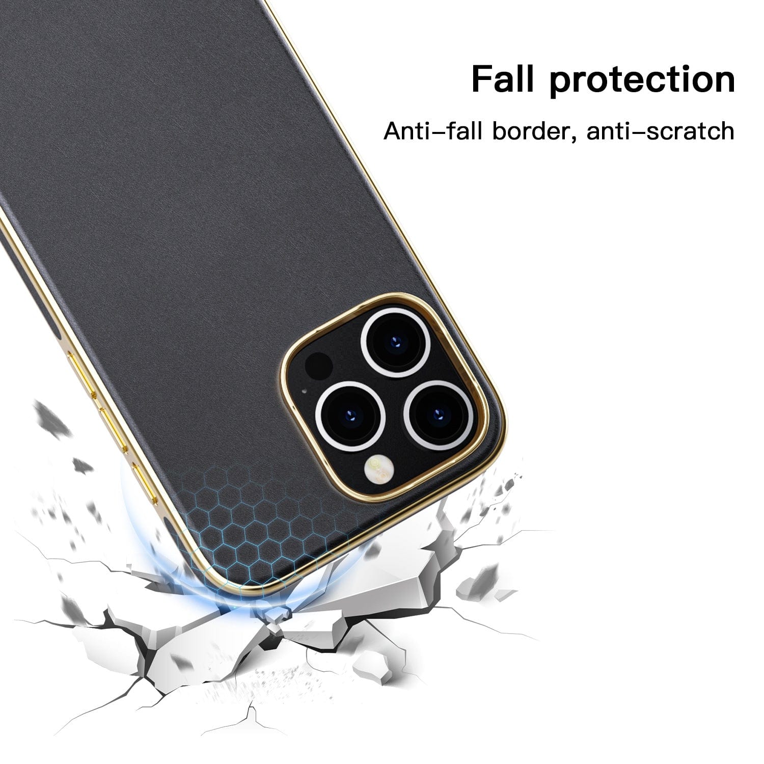 Here's a close-up of the iPhone 16 Pro Max MagSafe Case | Luxury PU Leather Electroplated Bumper Cover, showcasing its exceptional fall protection. The phone is shown lying on a cracked surface, reinforced by claims of anti-fall and anti-scratch benefits. With its multi-layered protection, this case ensures durability and keeps your device safe from everyday mishaps.