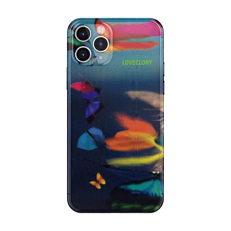 The Vibrant Butterfly Night iPhone 16 Pro Max Case showcases a butterfly-themed design with colorful butterflies set against a dark background.