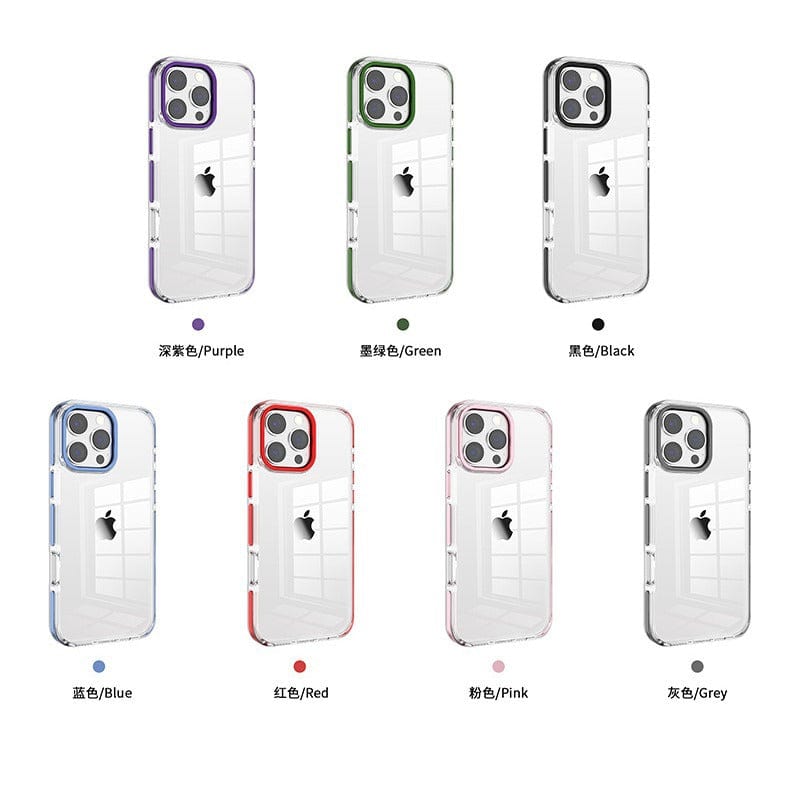 Image showing seven iPhone 16 Pro Max Clear Cases with TPU Bumpers, each with different colored borders: purple, green, black, blue, red, pink, and grey. Each phone case has a transparent PC back cover displaying an Apple logo.