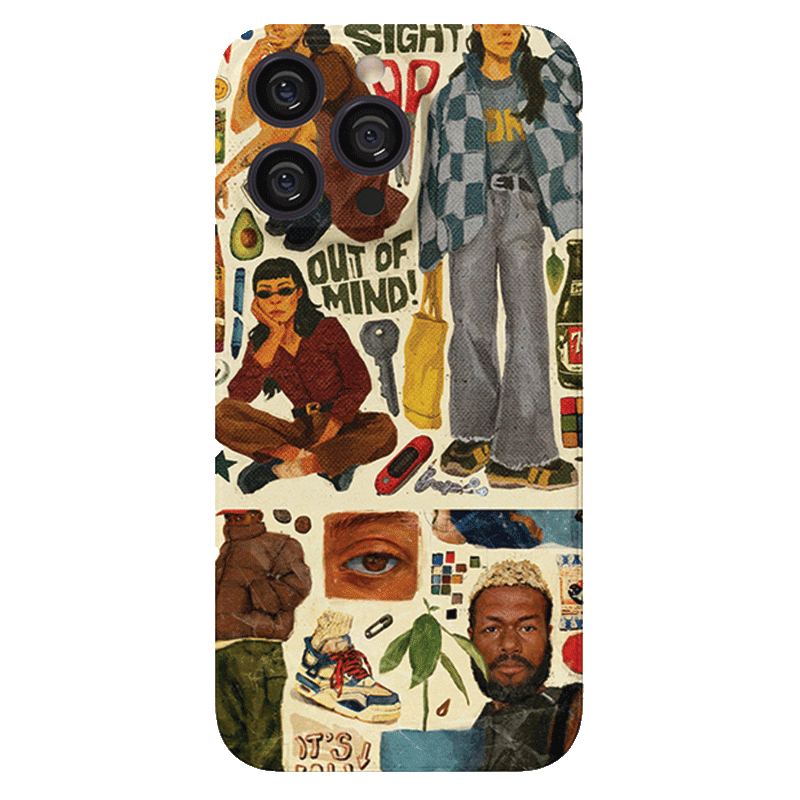 An Eclectic Pop Culture Collage iPhone 16 Pro Max Case - Vibrant, Retro-Inspired, and Artistic Design featuring a mix of cartoonish and realistic stickers. The collage includes images such as a person in red sunglasses, someone standing with a checkered jacket, an eye, leaves, objects like cameras and sneakers, and various text phrases.