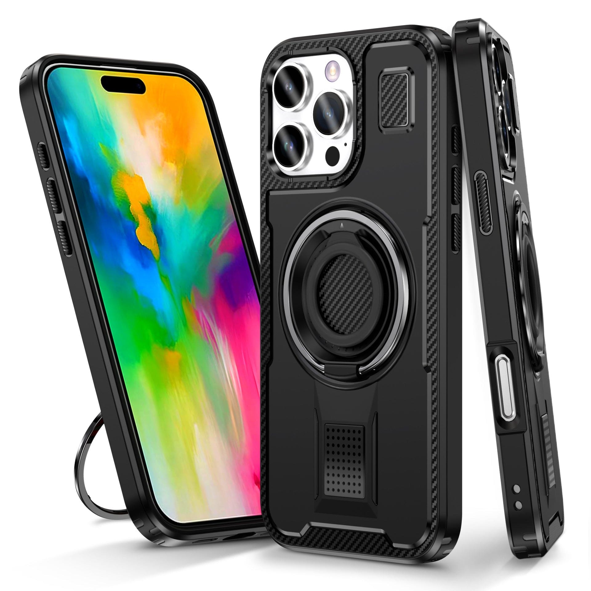 A Heavy-Duty iPhone 16 Pro Max Case with a 360° Rotating Ring Holder and MagSafe compatibility, featuring rugged protection with carbon fiber accents and shown from three different angles, enclosing a smartphone displaying a vibrant, multicolored screen.