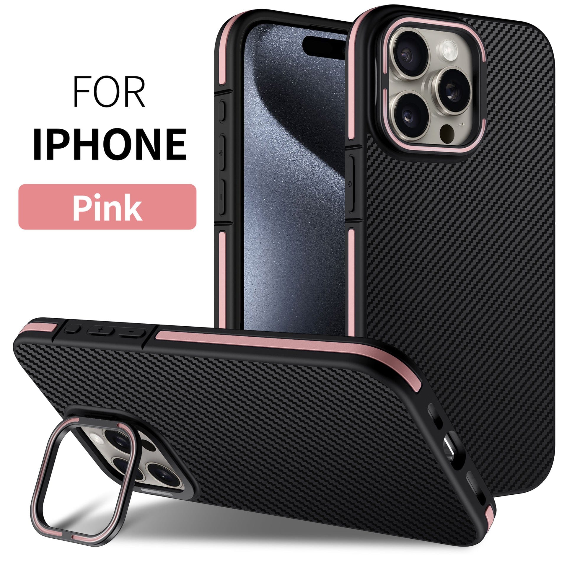 A black iPhone 16 Pro Max Carbon Fiber Texture Case, featuring a shockproof design with pink metal kickstand accents and precise cutouts for the camera and buttons, displayed against a white background. Text reads "For iPhone" and "Pink".