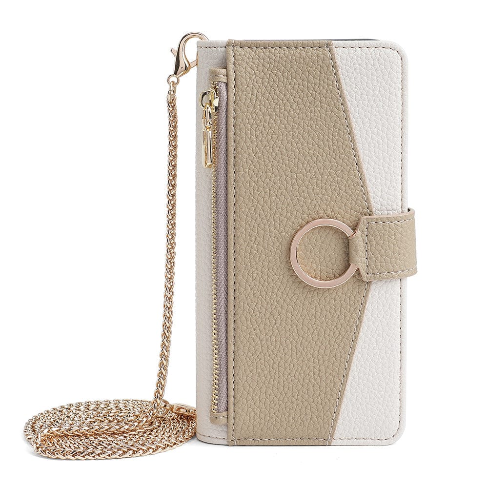 A stylish beige and white PU leather crossbody wallet case for the iPhone 16 Pro Max, featuring a zipper pocket, card slots, a built-in mirror, a hidden stand, and a detachable gold chain strap designed to hold your essentials.