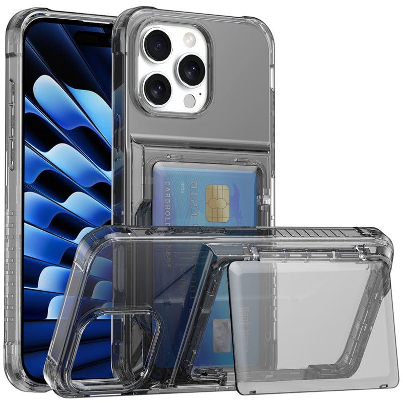 Black iPhone 16 Pro Max Clear Case with Kickstand and Card Holder, showcasing a hidden compartment holding a credit card. The image highlights both the open and closed views, emphasizing its sleek design. Made from Shockproof TPU + PC Protective Cover material.