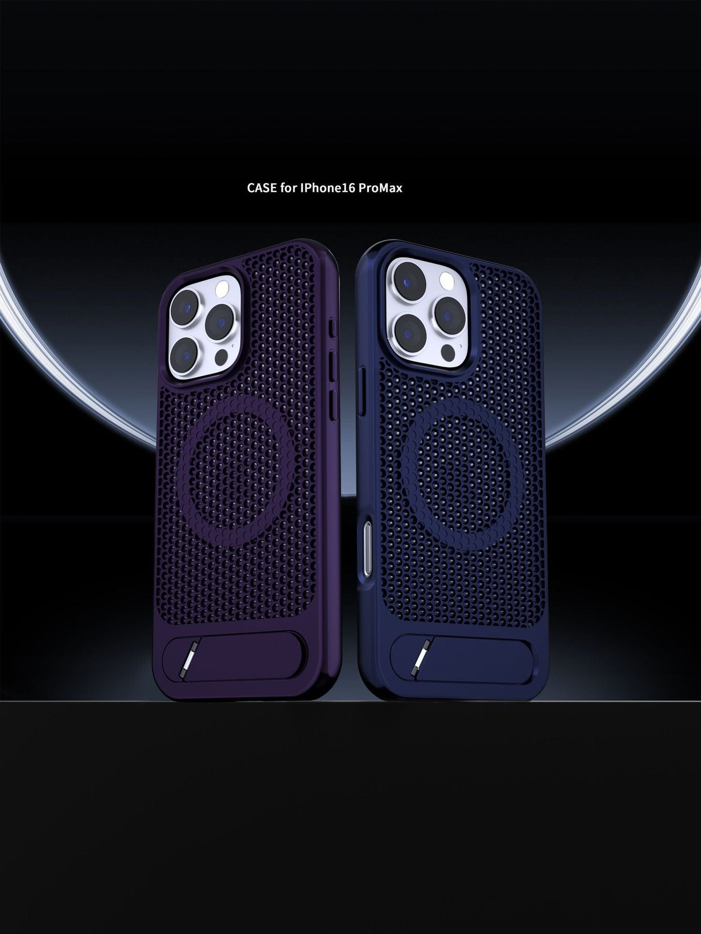 Two iPhone 16 Pro Max cases in purple and dark blue, featuring a honeycomb heat dissipation design, circular pattern around the camera, and a built-in kickstand. Both cases have MagSafe compatibility indicators.