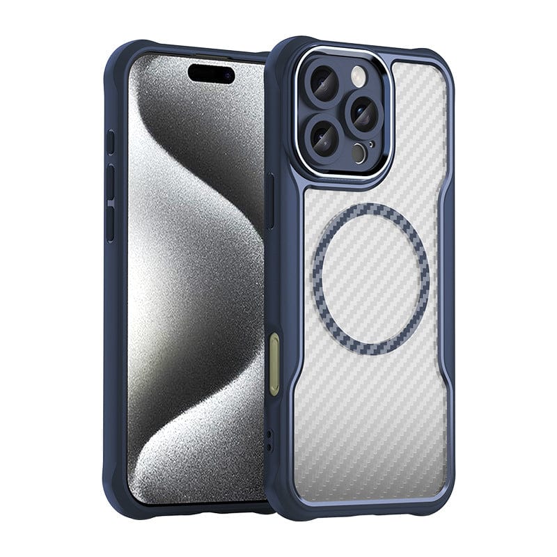 An ideal fit for the iPhone 16 Pro Max, this sleek smartphone case combines a semi-transparent carbon fiber and PC material with a gray rugged design featuring a circular pattern on the back, highlighting its camera lenses and side buttons. It is MagSafe compatible, has shockproof airbag corners, and boasts a matte finish.