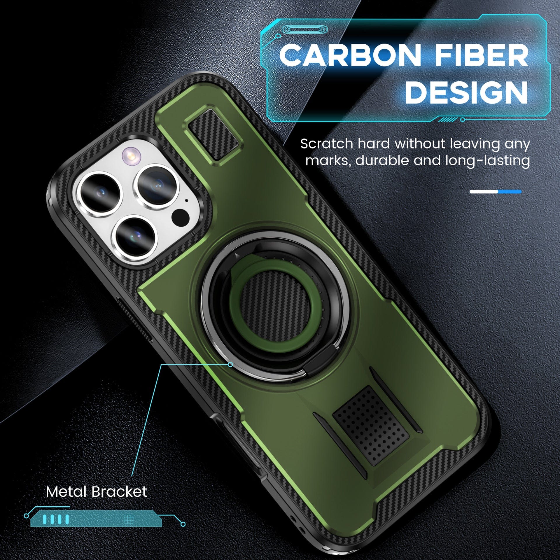 Green Heavy-Duty iPhone 16 Pro Max Case with carbon fiber accents, square cutouts for lenses, and a 360° rotating metal ring holder in the center. Text: "Carbon Fiber Design - Scratch hard without leaving any marks, durable and long-lasting.