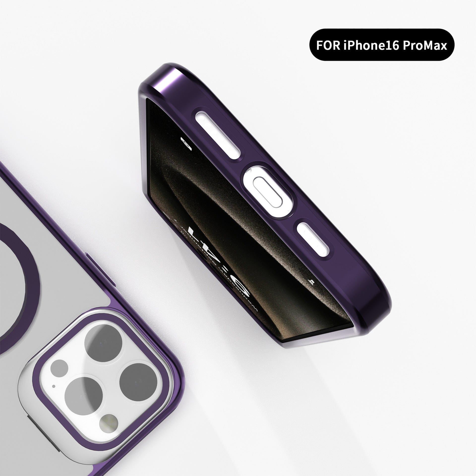 Close-up of the Silky Touch iPhone 16 Pro Max Case with Ring Holder, featuring a dark purple color, precise cutouts for the camera and TPU buttons, and a soft-touch finish.