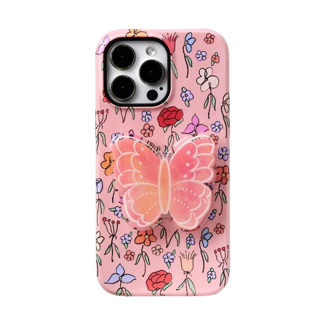 A smartphone iPhone 16 Pro Max case, the Blossom Butterfly MagSafe with a pink floral design and an attached butterfly stand.