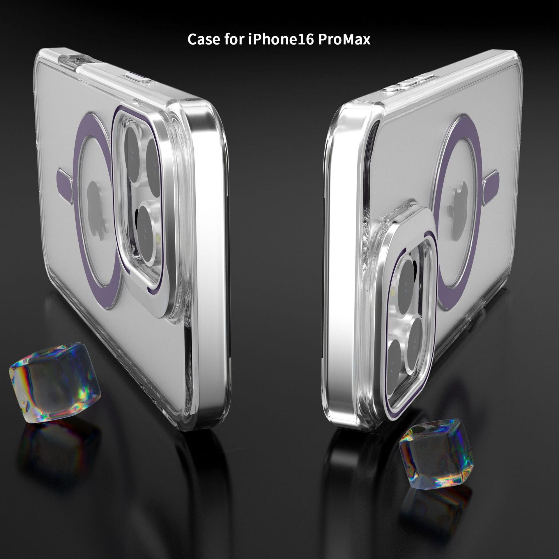 Two iPhone 16 Pro Max Clear Cases with Kickstands, featuring MagSafe compatibility and purple accents around the camera cutout, positioned upright against a black background alongside two small reflective objects.