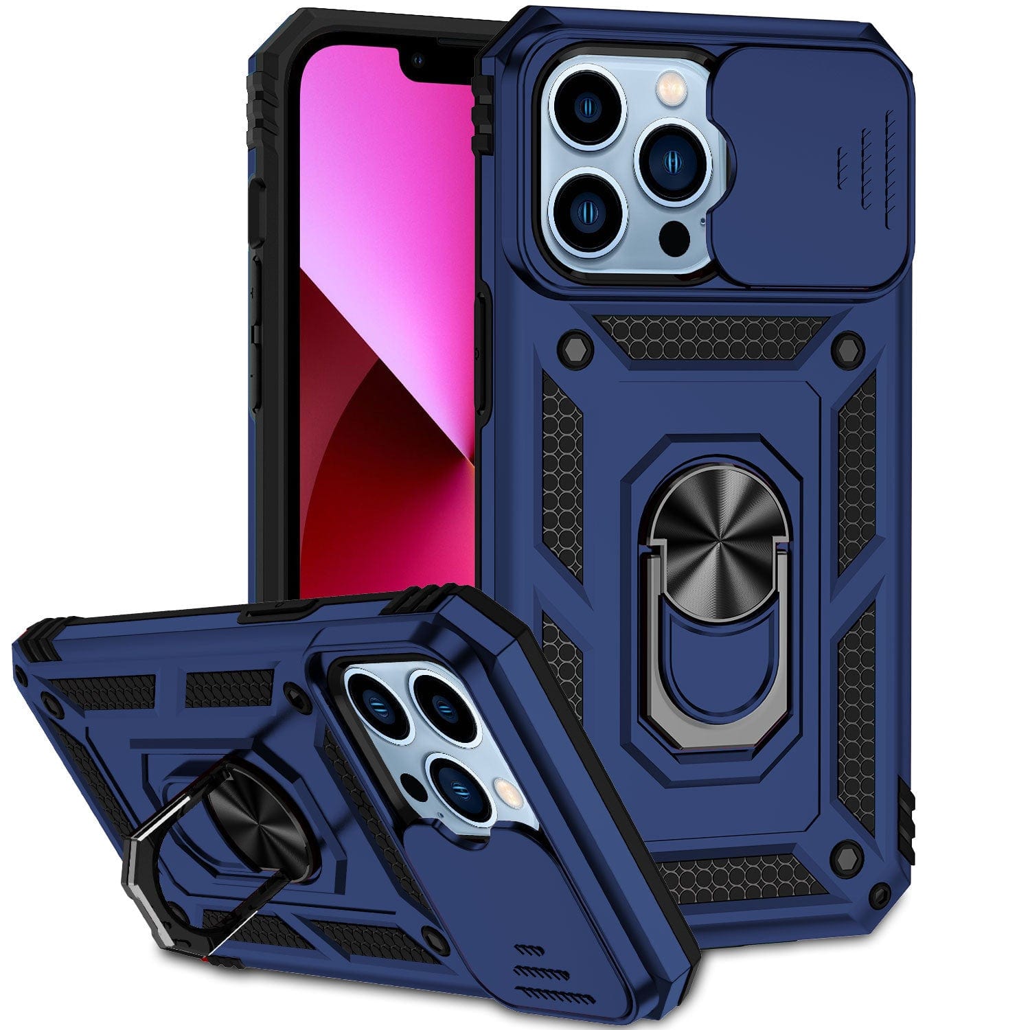 A pair of iPhone 16 Pro Max cases, featuring a rugged shockproof design with magnetic ring stands, textured grips, and camera lens covers, designed to fit smartphones with triple rear camera setups.