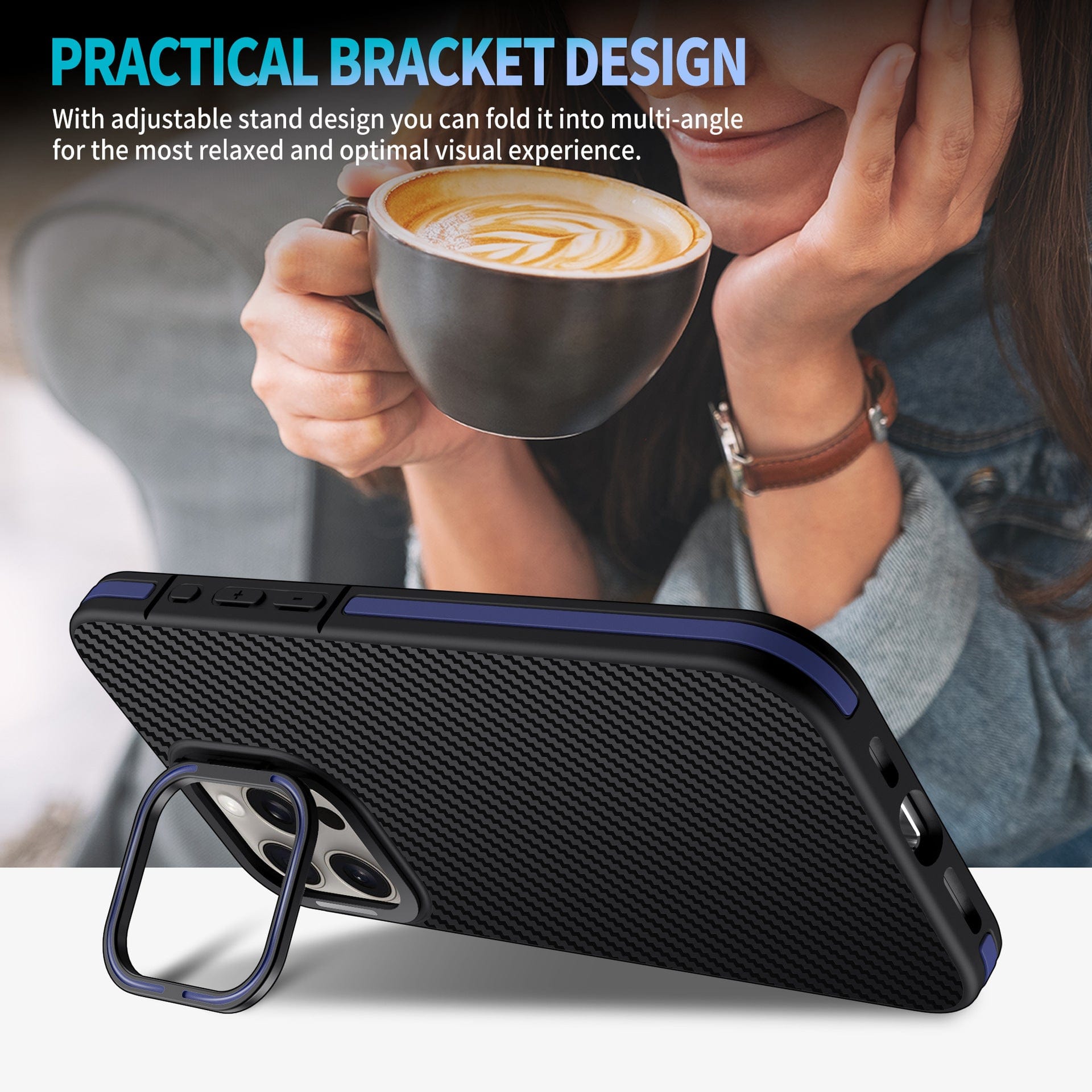 A person holds a large mug near their face while an iPhone 16 Pro Max Carbon Fiber Texture Case - Shockproof with Metal Kickstand, MagSafe Compatible sits in the foreground. Text reads "Practical Bracket Design.