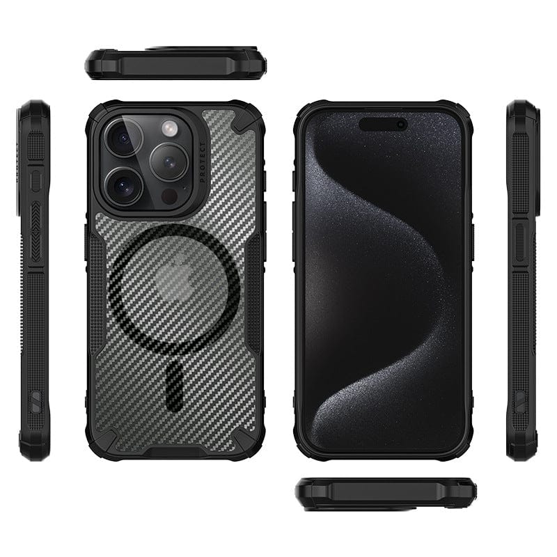 Front and back views of the Lightweight MagSafe iPhone 16 Pro Max Case - TPU+PC Material with a rugged protective design are displayed. The case features a carbon fiber finish, showcasing its MagSafe compatibility on the back. Different angles highlight its shockproof air cushion and impact-resistant construction.