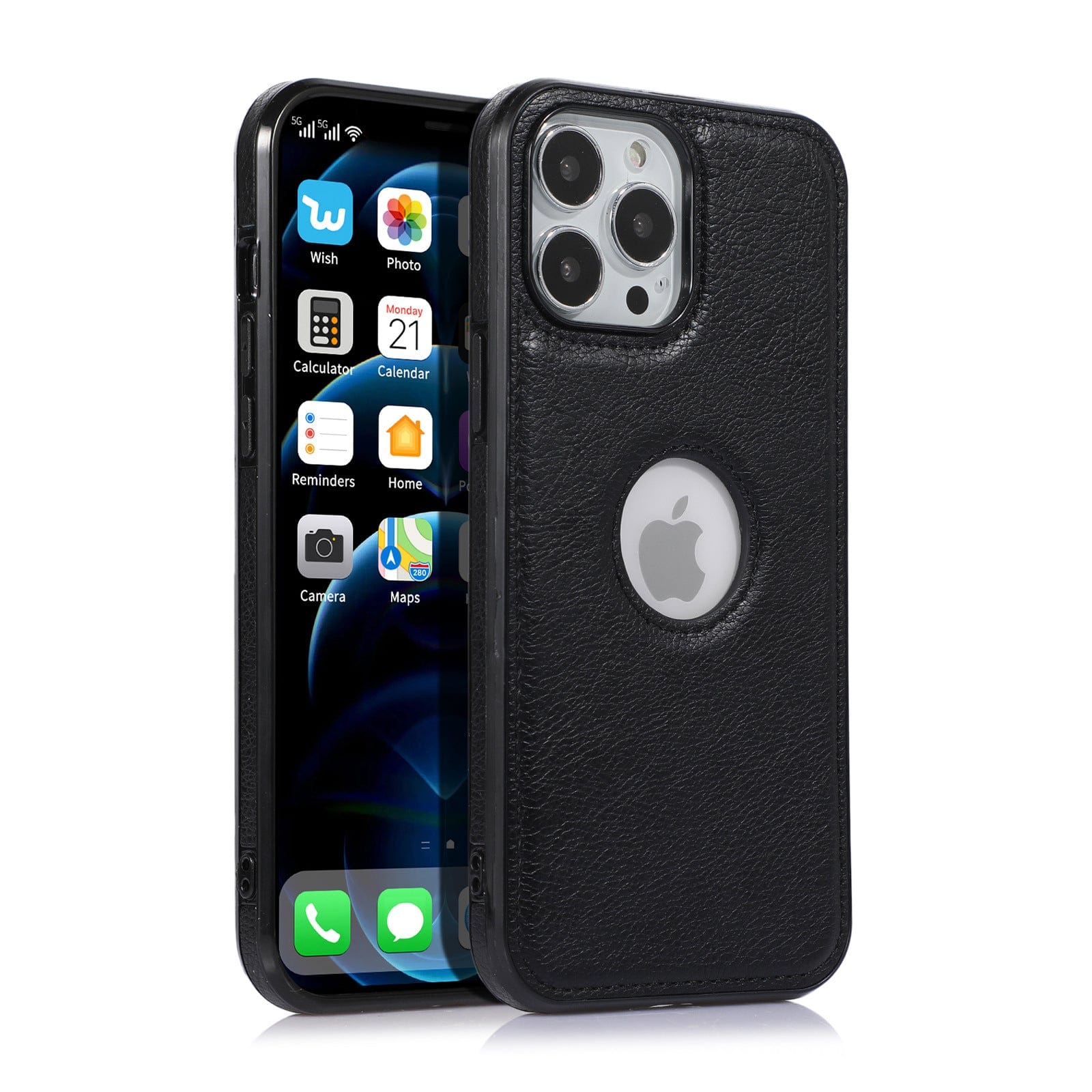 A black synthetic leather case enveloping a smartphone is displayed, with the front screen showcasing various app icons. The back of the iPhone 16 Pro Max Case - Premium Synthetic Leather, Shockproof, Anti-Fingerprint Protective Cover features a circular cutout that reveals the Apple logo.