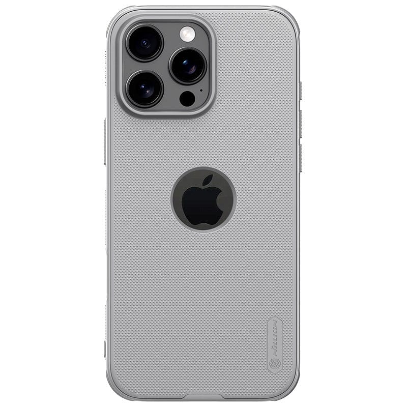 A grey iPhone 16 Pro Max Protective Case featuring double-layer protection, a transparent back that prominently displays the Apple logo and three camera lenses, with an anti-slip textured grip for secure handling.