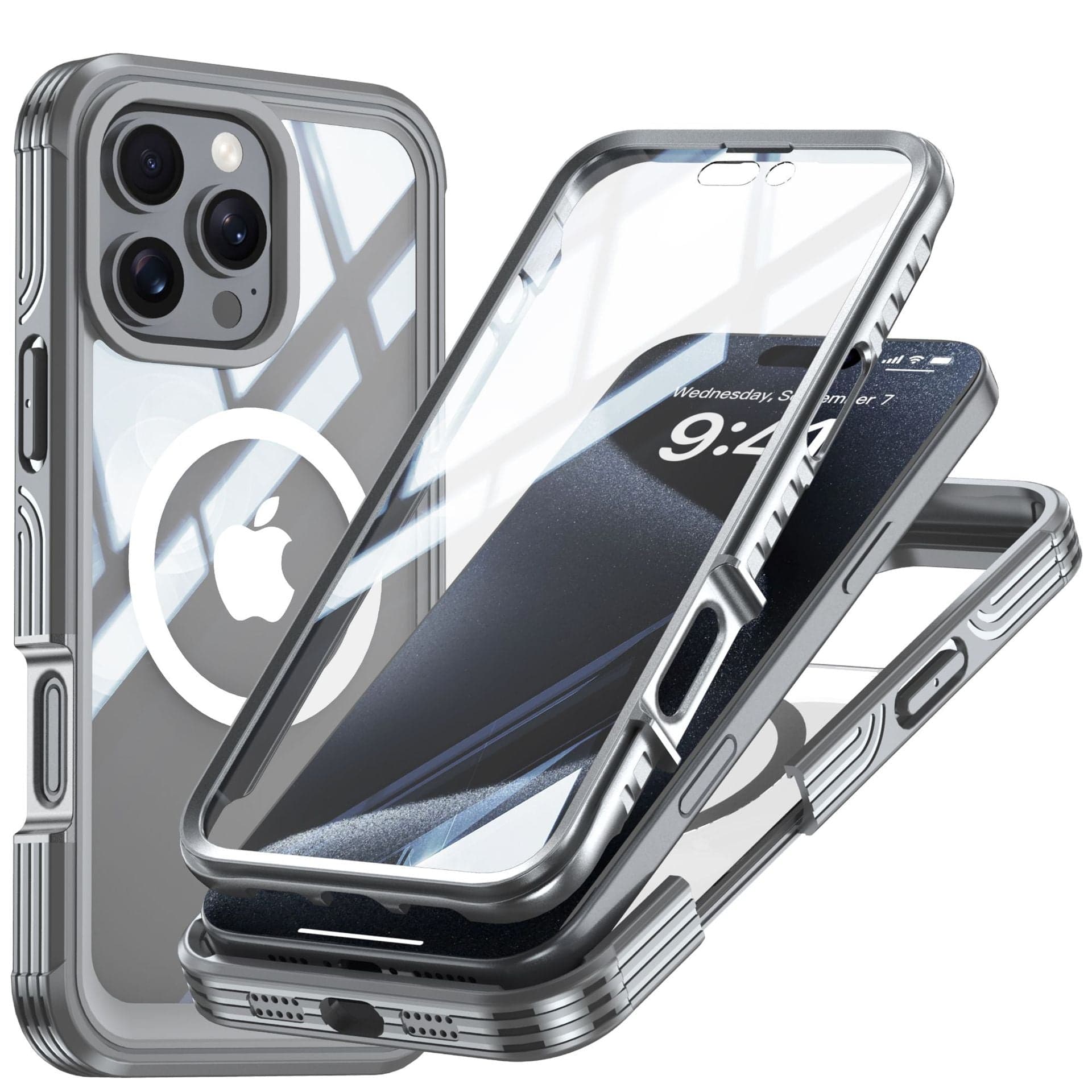 Displayed are grey-edged, clear phone cases showing various angles. One case features a smartphone with a lock screen time of 9:42. These Magnetic Clear iPhone 16 Pro Max Cases include a 9H tempered glass screen protector, MagSafe compatibility, and a military-grade shockproof design for ultimate protection.