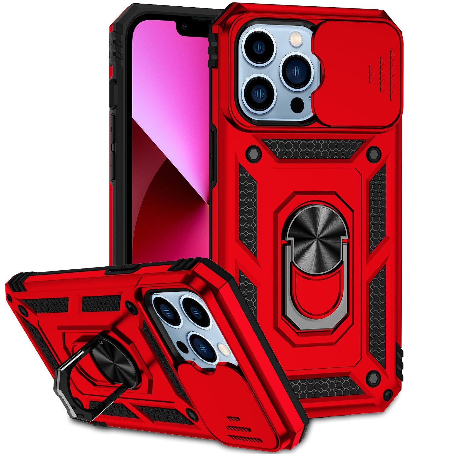 Two red rugged iPhone 16 Pro Max cases with black accents, magnetic ring stands, camera lens covers, airbag protection, and MagSafe compatibility, shown from the back and side edges.