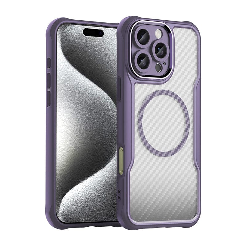 An iPhone 16 Pro Max Case - Semi-Transparent Carbon Fiber + PC Material, featuring a purple and gray protective shell with a carbon fiber pattern on the back, enhanced with a MagSafe ring, displayed from both front and back angles.