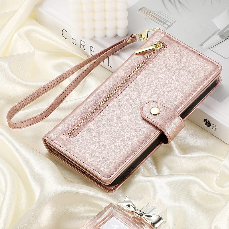 An iPhone 16 Pro Max wallet case with a card holder, zipper pocket, and stand function is displayed on a silky cream fabric, alongside a book and perfume bottle. Crafted from premium leather material, it exudes elegance and sophistication.