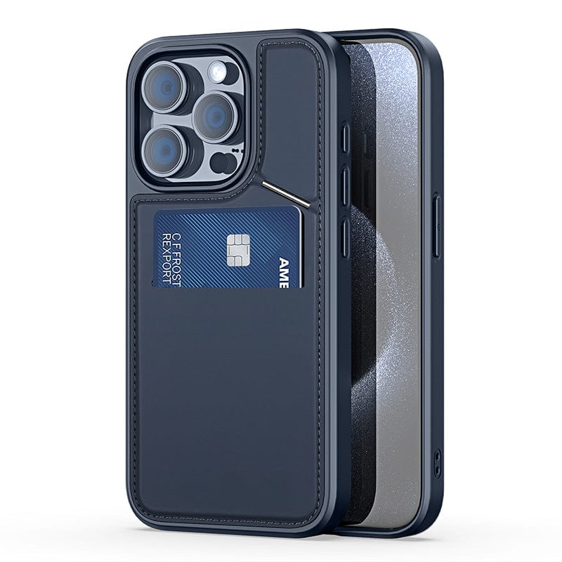 A smartphone with a navy blue iPhone 16 Pro Max case, featuring a full-coverage leather business design, showing a credit card partially inserted in the cardholder. The MagSafe-compatible case reveals the phone’s screen and backside with camera lenses clearly visible and includes a rotating stand for convenience.