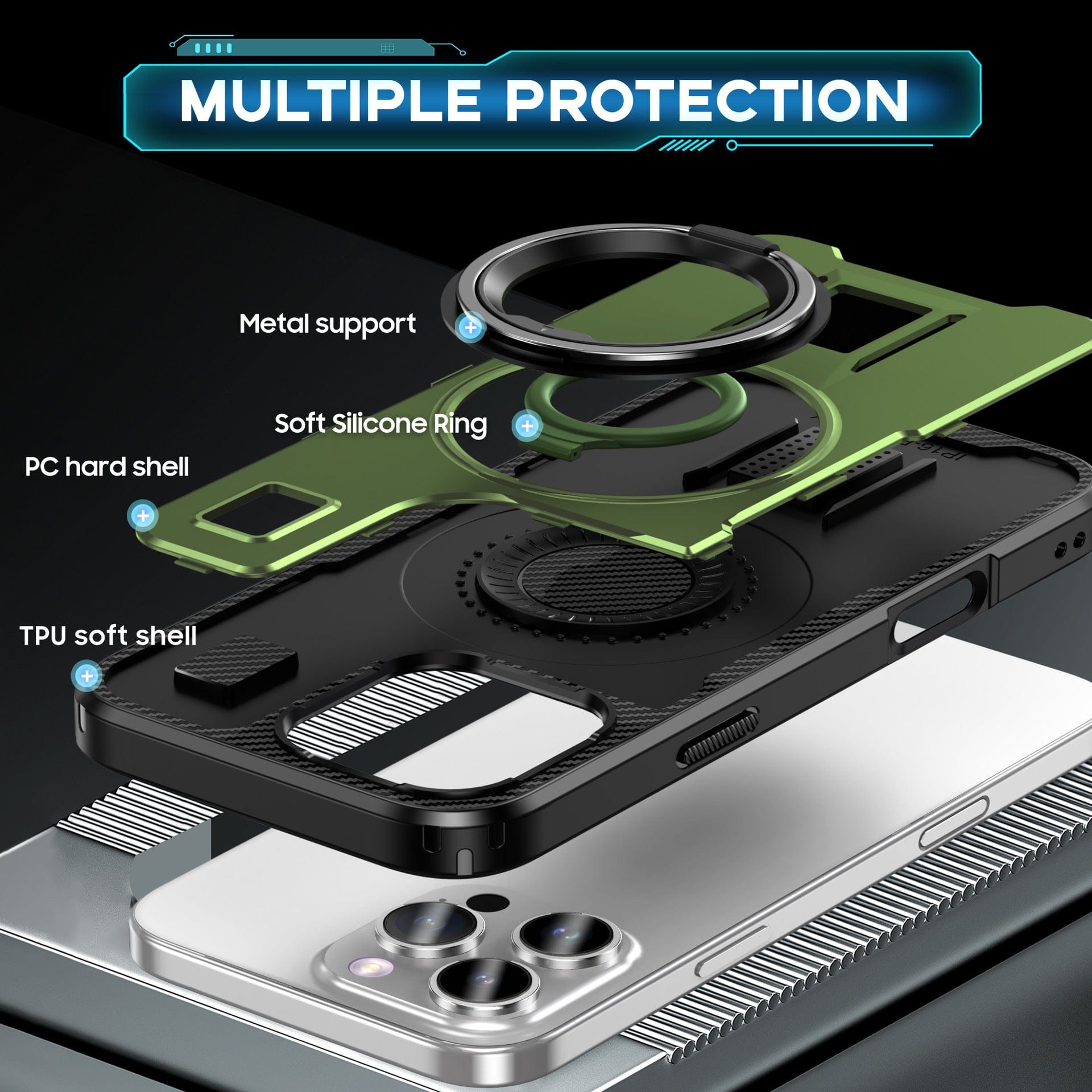 Exploded view of the Heavy-Duty iPhone 16 Pro Max Case with 360° Rotating Ring Holder, highlighting its components: metal support, soft silicone ring, PC hard shell, and TPU soft shell. A smartphone is placed underneath the case parts. Text reads "Multiple Protection".